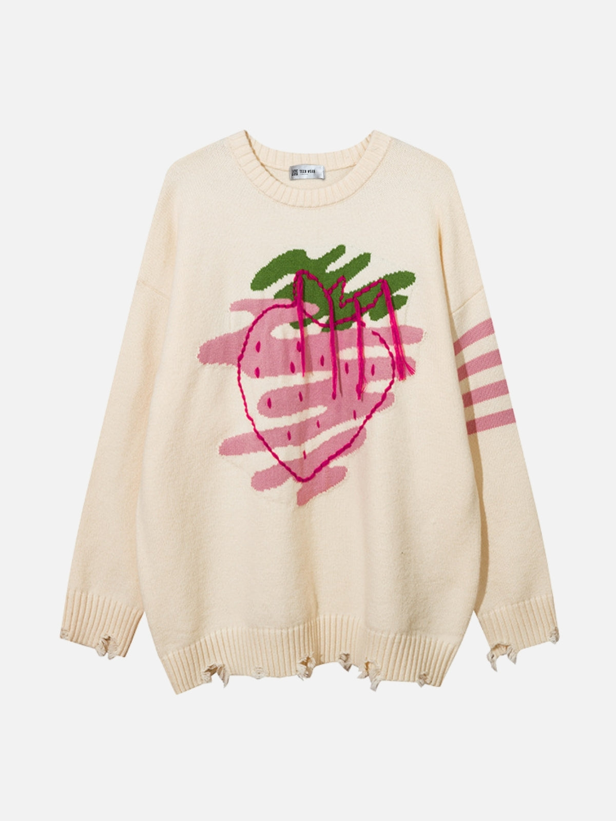 STRAWBERRY - Oversized Embroidered Sweater Beige | TEENWEAR.EU