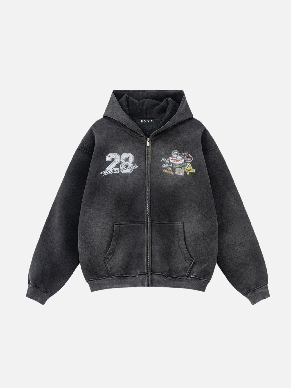 PATCHRACE - Oversized Graphic Zip Up Hoodie Washed Black | TEENWEAR.EU