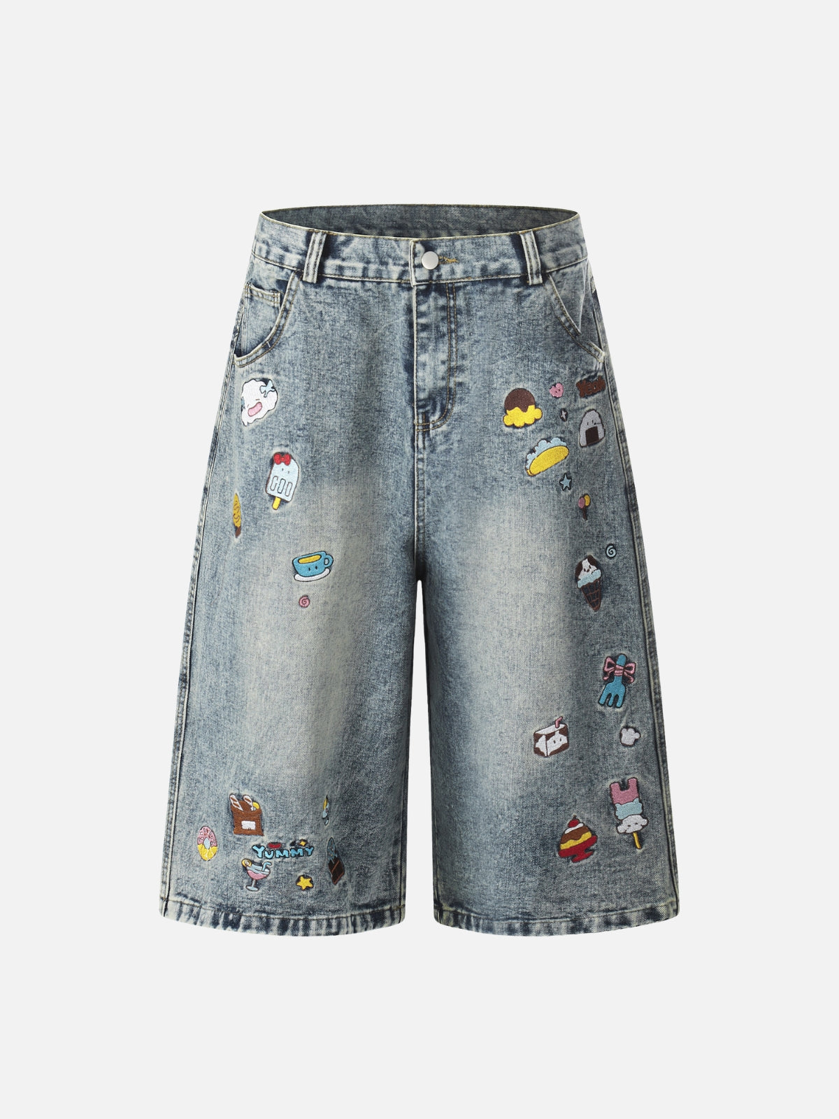 CHILISH - Baggy Denim Embroidered Jorts Blue | Teenwear.eu