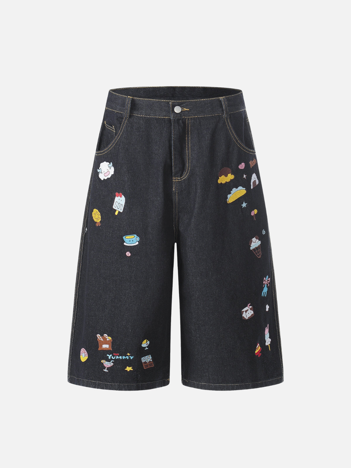 CHILISH - Baggy Denim Embroidered Jorts Dark Blue | Teenwear.eu