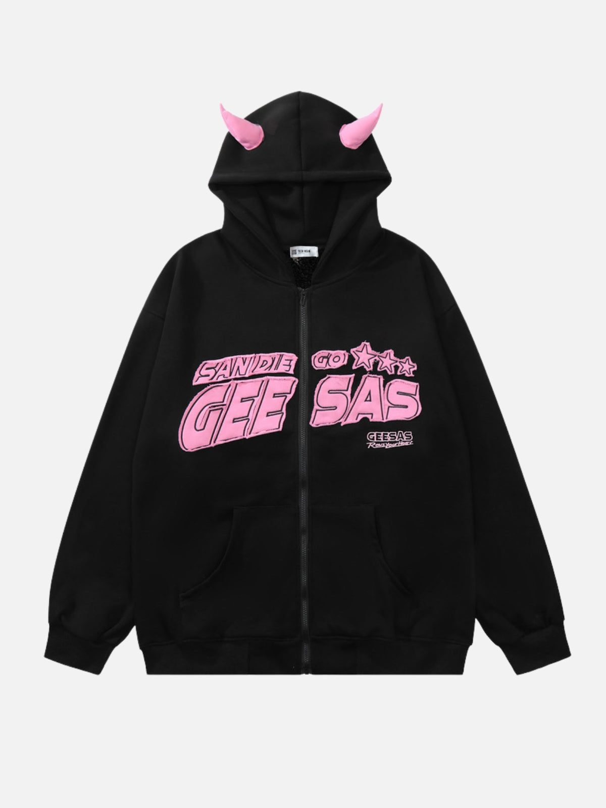 GEESAS - Oversized Embroidered Zip Up Hoodie Black | TEENWEAR.EU
