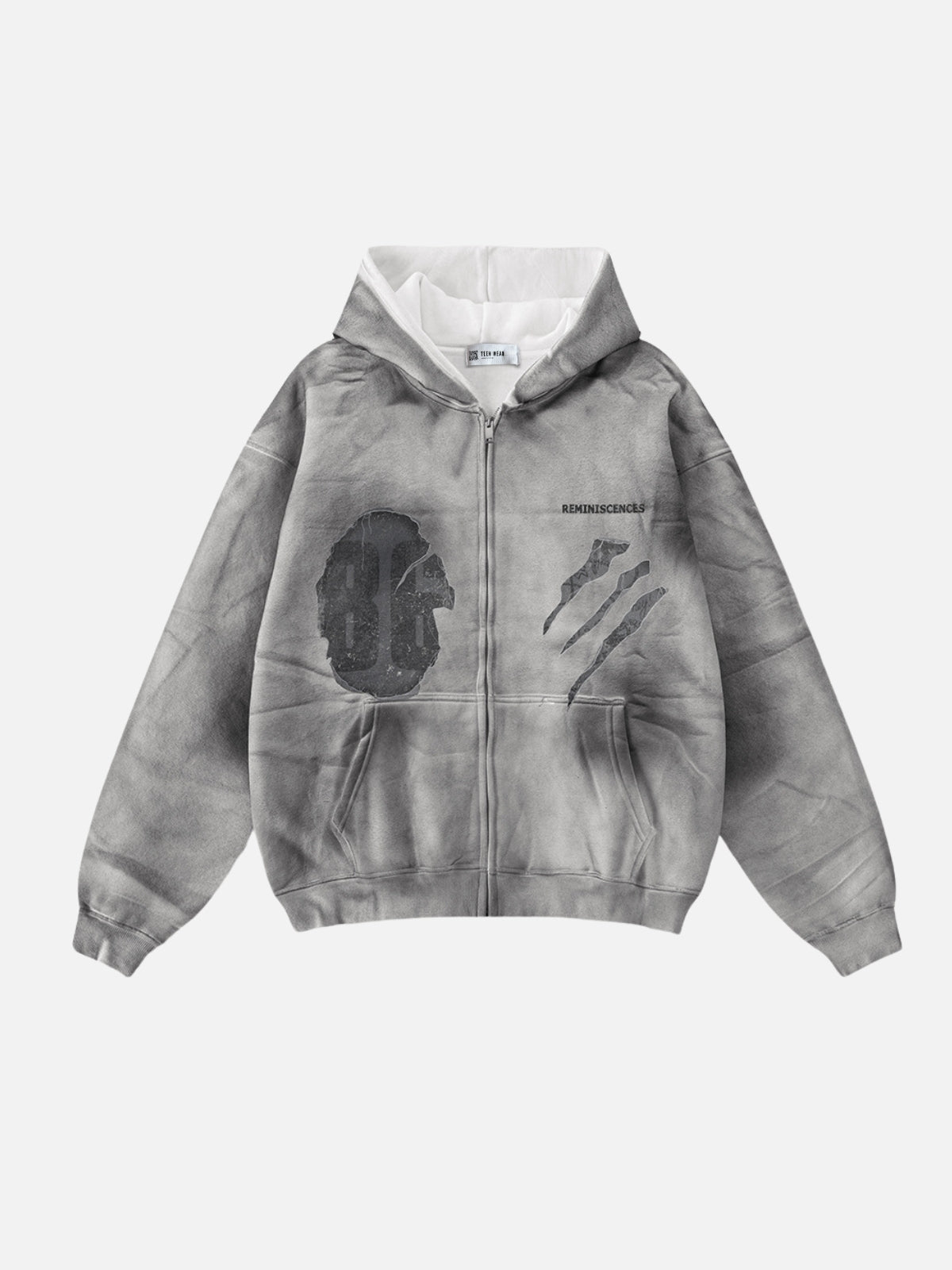 REMINI - Oversized Print Zip Up Hoodie Washed Grey | Teenwear.eu