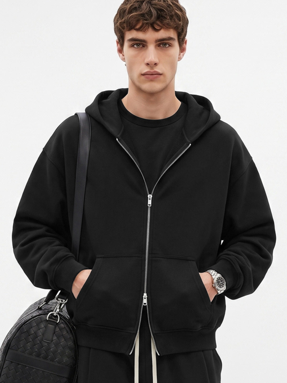 BASICALO - Oversized Cropped Basic Zip Up Hoodie