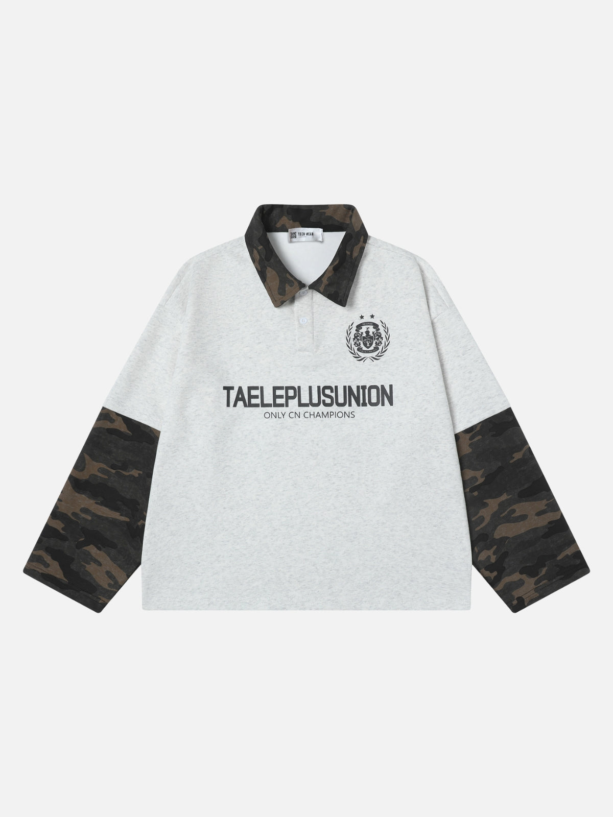 PLUSUNION - Oversized Print Long Sleeved Polo T-Shirt Grey | TEENWEAR.EU