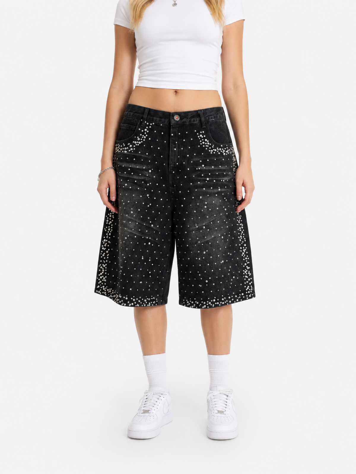 DIAMONDO - Baggy Rhinestone Denim Shorts | Teenwear.eu