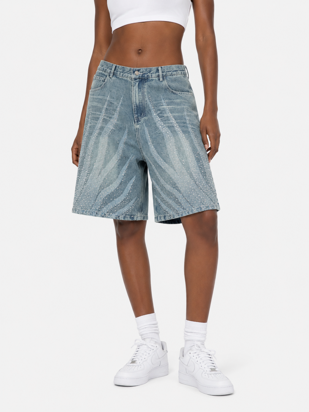FLAMY - Baggy Rhinestone Denim Shorts | Teenwear.eu