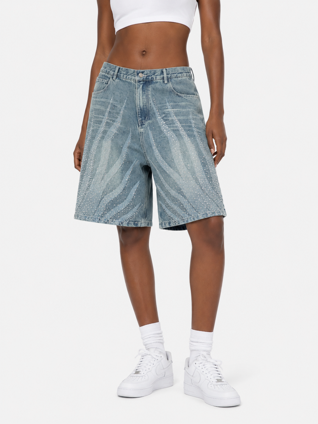 FLAMY - Baggy Rhinestone Denim Shorts | Teenwear.eu